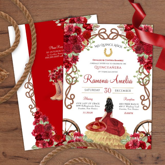 Red Rose Charra Western Quinceañera  Invitation (Creator Uploaded)