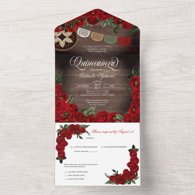Red Rose Charro Rustic Country Quinceañera All In One Invitation (Inside)