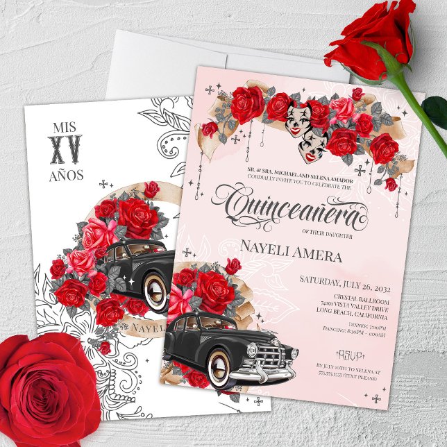 Red Rose Classic Car Chola Chicano Quinceanera Invitation (Creator Uploaded)