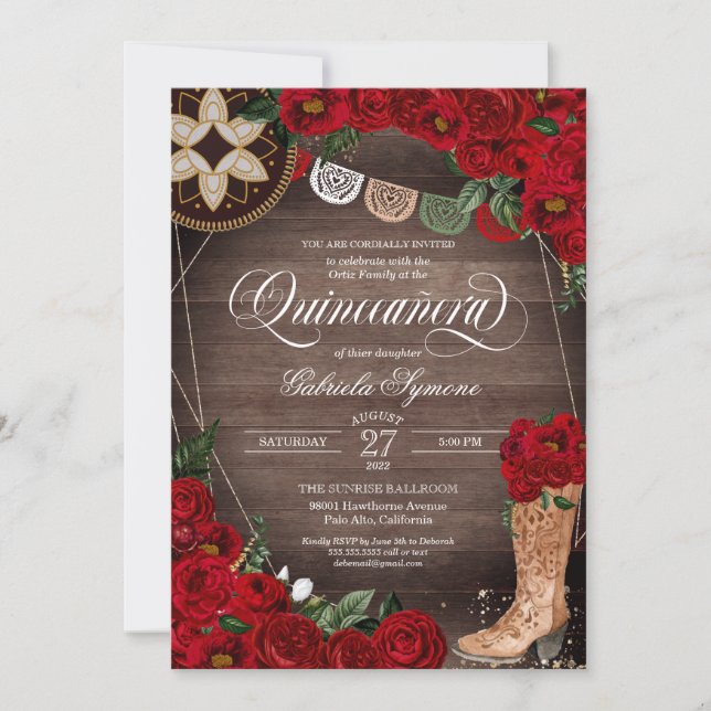 Red Rose Cowgirl Boots Western Charro Quinceañera Invitation (Front)