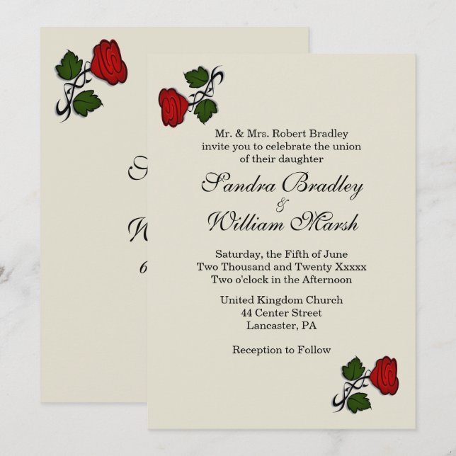 Red Rose Cream Classic Wedding Invitation (Front/Back)