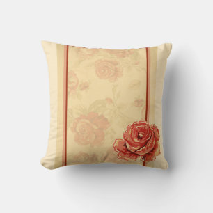 Red rose, cream, tan antique floral cushion