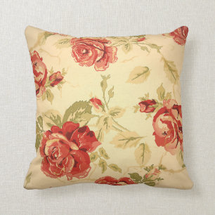 Red rose, cream, tan, antique floral print cushion