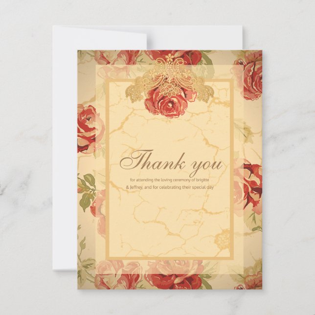 Red rose, cream, tan antique floral thank you card (Front)