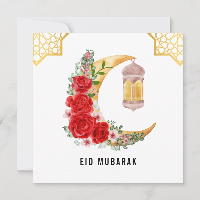 Red Rose Crescent Moon Eid Mubarak Card (Front)
