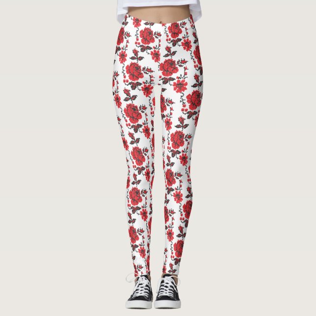 Red Rose cross-stitch Russian Pattern Leggings (Front)