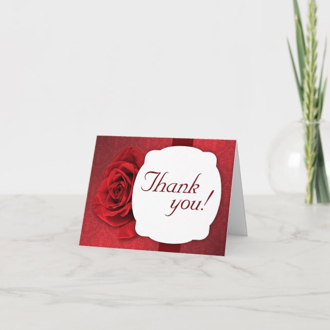 Red Rose Damask Custom Thank You Cards (Front)