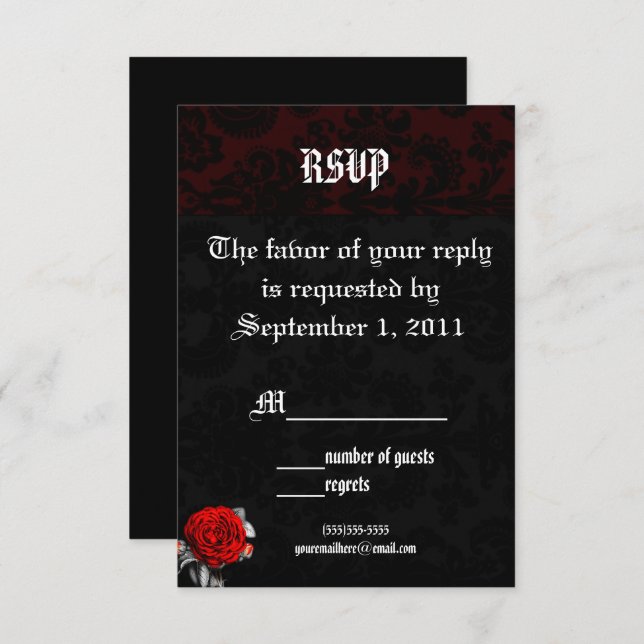 Red Rose Damask Goth Wedding RSVP Invitations (Front/Back)