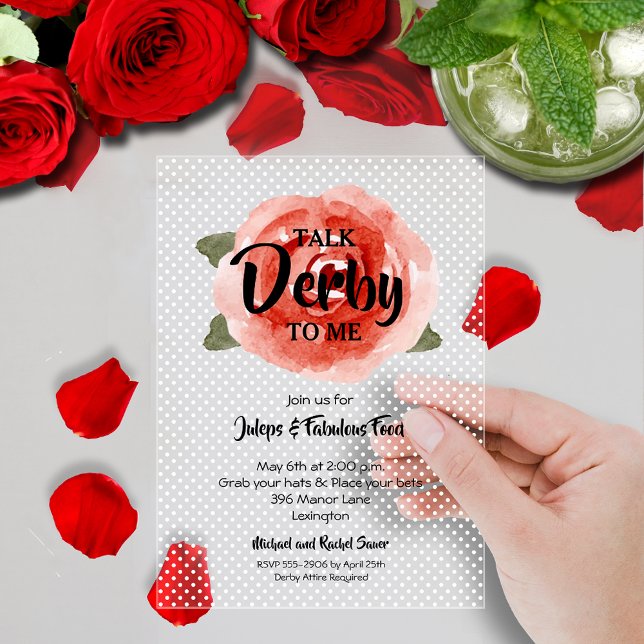 Red Rose Derby Party Acrylic Invitations (Large red rose on white polka dots Derby party clear acrylic party invitations)
