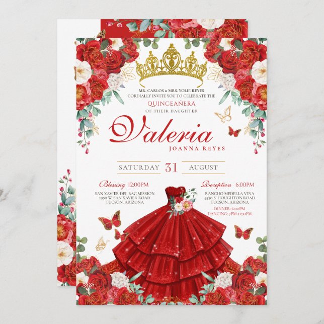 Red Rose Elegant Butterfly Princess Quinceañera Invitation (Front/Back)