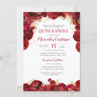 Red Rose Elegant Floral Quinceanera Invitation