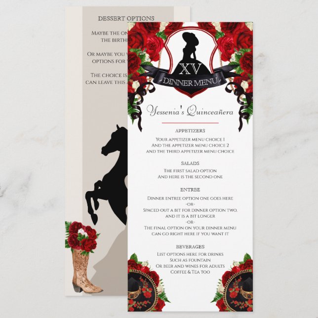 Red Rose Elegant Mariachi Charro Quinceanera  Menu (Front/Back)