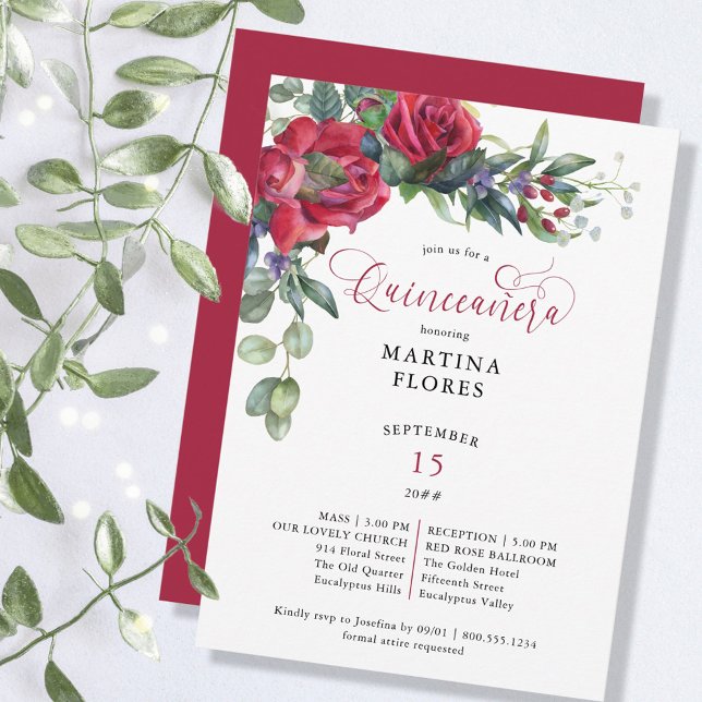 Red Rose Eucalyptus Elegant Mass and Quinceanera Invitation (Creator Uploaded)