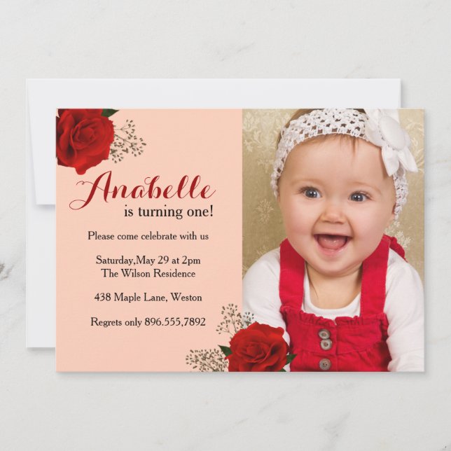 Red Rose First Birthday Invitation (Front)