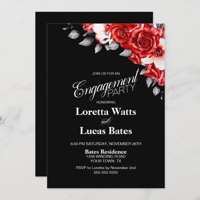 Red Rose Floral Black Engagement Party Invitation (Front/Back)