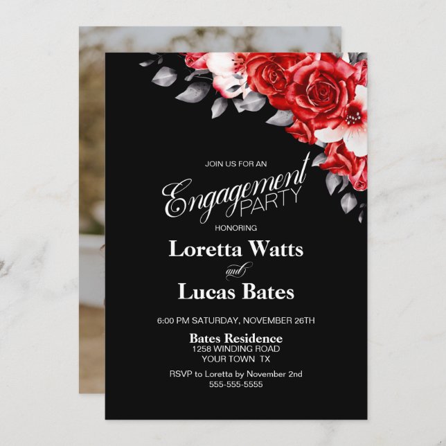 Red Rose Floral Black Engagement Party Photo Invitation (Front/Back)