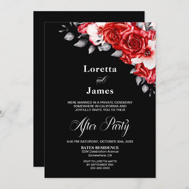 Red Rose Floral Black Wedding Reception Invitation (Front/Back)