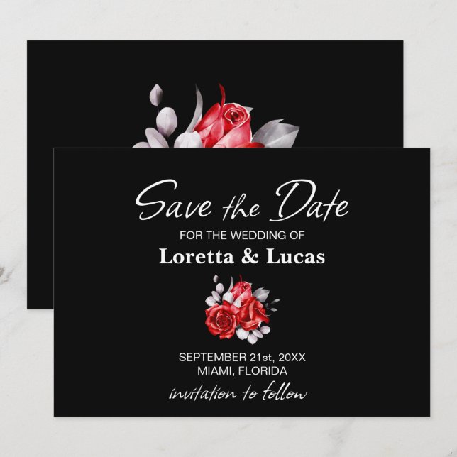Red Rose Floral Black Wedding Save The Date (Front/Back)