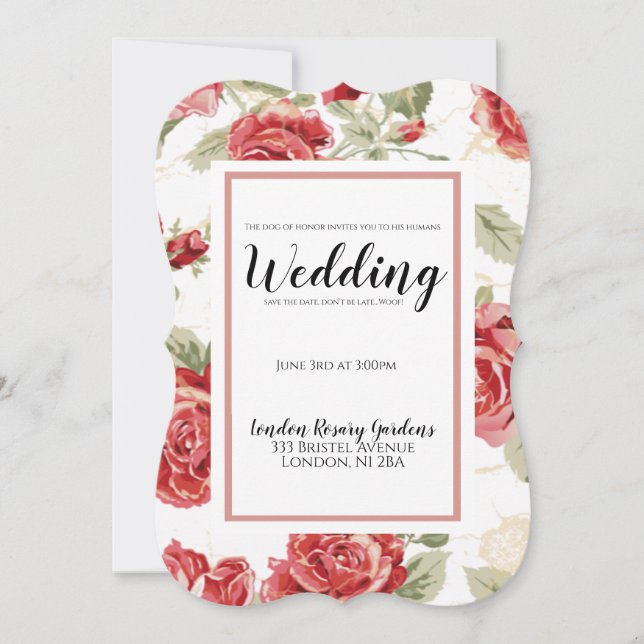 Red rose floral classic print dog of honour announcement (Front)