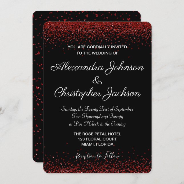 Red Rose Floral Confetti Wedding Invitation (Front/Back)