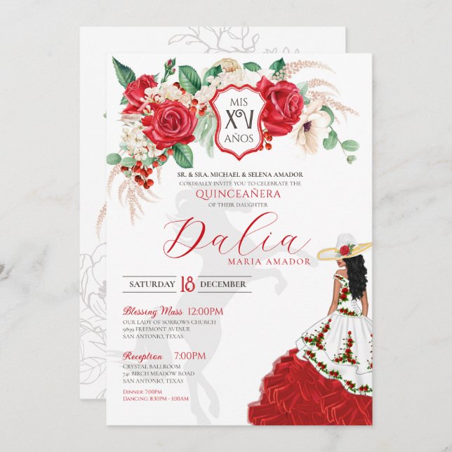 Red Rose Floral Crest Elegant Charra Quinceañera Invitation (Front/Back)