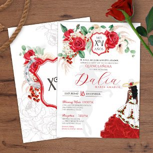 Red Rose Floral Crest Elegant Charro Quince Años I Invitation
