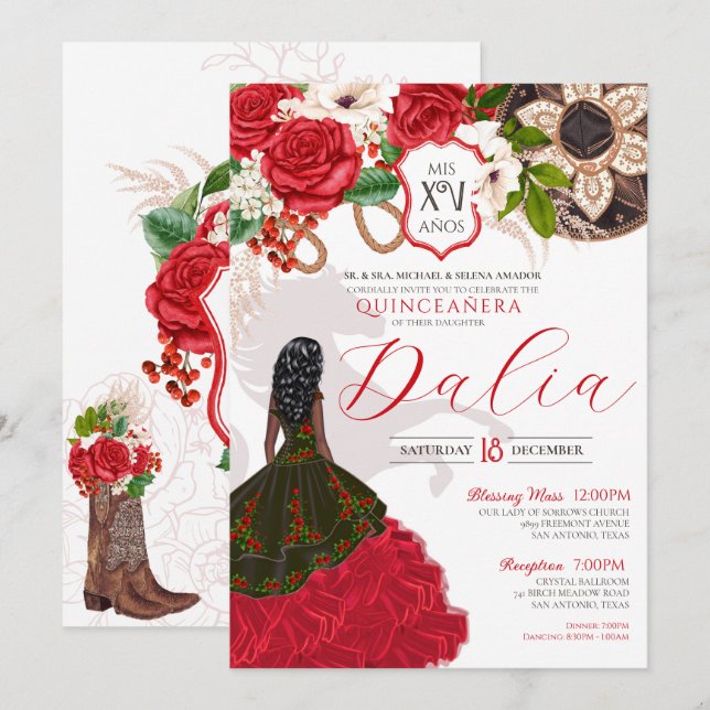 Red Rose Floral Crest Western Cowboy Charro Quince Invitation (Front/Back)