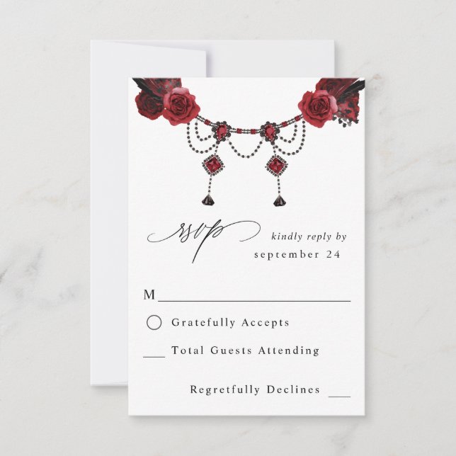 Red Rose Floral & Crystal w Meal RSVP 2 Card (Front)