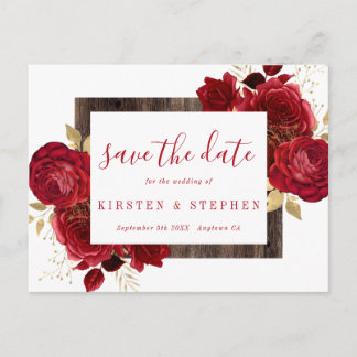 Red Rose Floral Gold Fall Save the Date Postcard