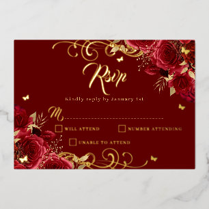 Red Rose Floral Gold Swirl Gold Quinceanera