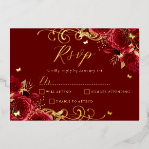 Red Rose Floral Gold Swirl Quinceanera