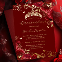 Red Rose Floral Gold Swirl Quinceanera