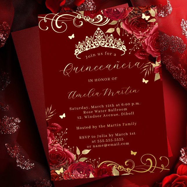 Red Rose Floral Gold Swirl Quinceanera   (Creator Uploaded)