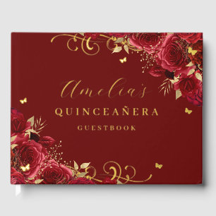 Red Rose Floral Gold Swirl Quinceanera  Guest Book