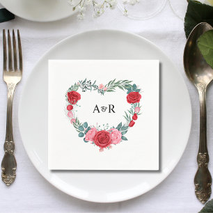 Red Rose Floral Greenery Heart Shaped Wedding Napkin