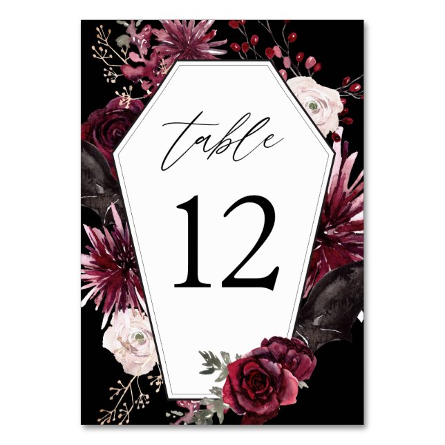Red Rose & Floral Halloween Coffin- Black Table Number (Front)
