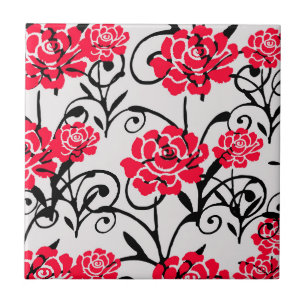 Red Rose Floral Illustration Pattern Design Ceramic Tile