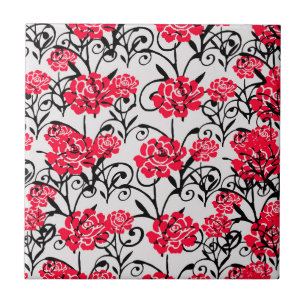 Red Rose Floral Illustration Pattern Design Ceramic Tile