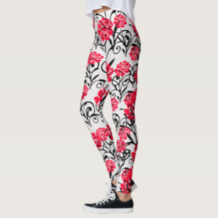 Red Rose Floral Illustration Pattern Design Leggings