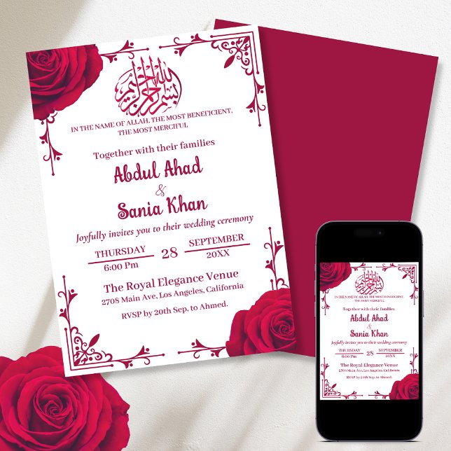 Red Rose Floral Islamic Muslim Wedding  Invitation (Creator Uploaded)