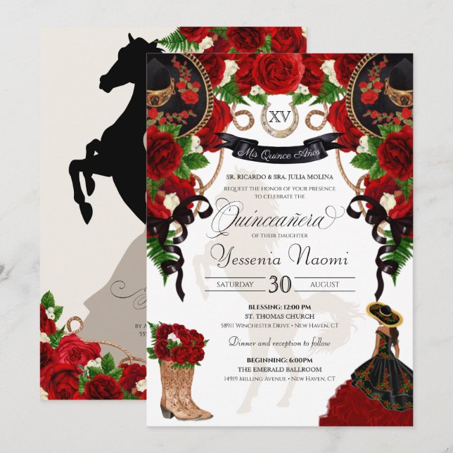 Red Rose Floral Mariachi Charro Quinceanera Invita Invitation (Front/Back)