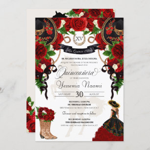 Red Rose Floral Mariachi Charro Quinceanera Invitation