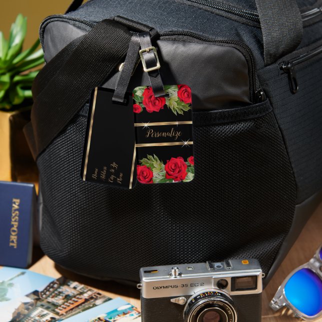 Red Rose Floral on Black Luggage Tag (Front & Back)