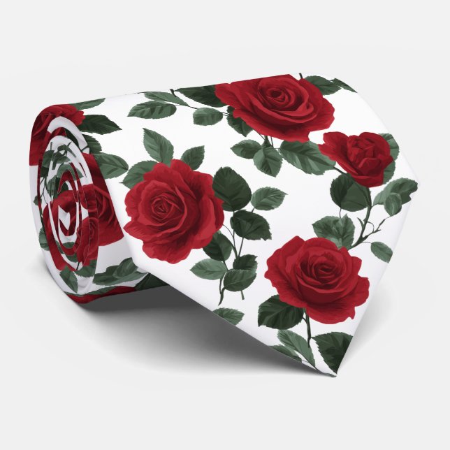 Red Rose Floral Pattern Tie (Rolled)