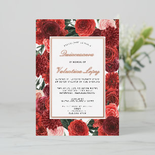Red Rose Floral Quinceanera Elegant Gold Foil Invi