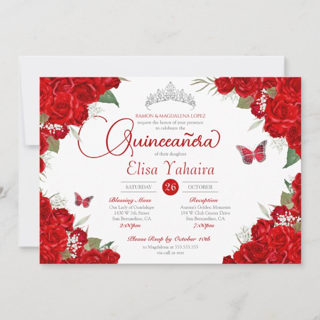 Red Rose Floral Silver Tiara Butterfly Quinceanera Invitation (Front)