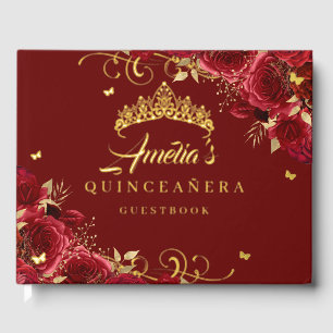 Red Rose Floral Swirl Quinceanera Gold   Guest Book