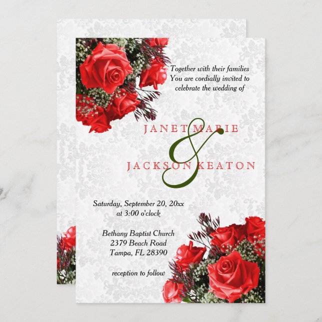 Red Rose Floral Wedding Invitation (Front/Back)