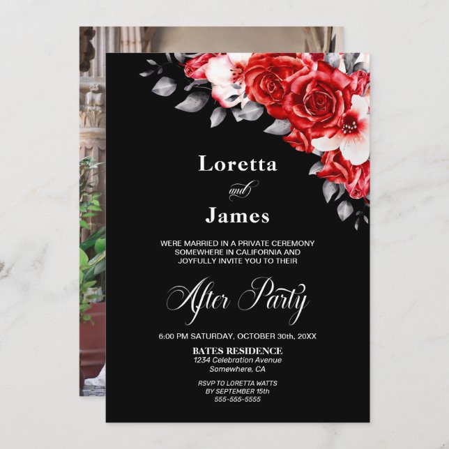 Red Rose Floral Wedding Reception Photo Invitation (Front/Back)