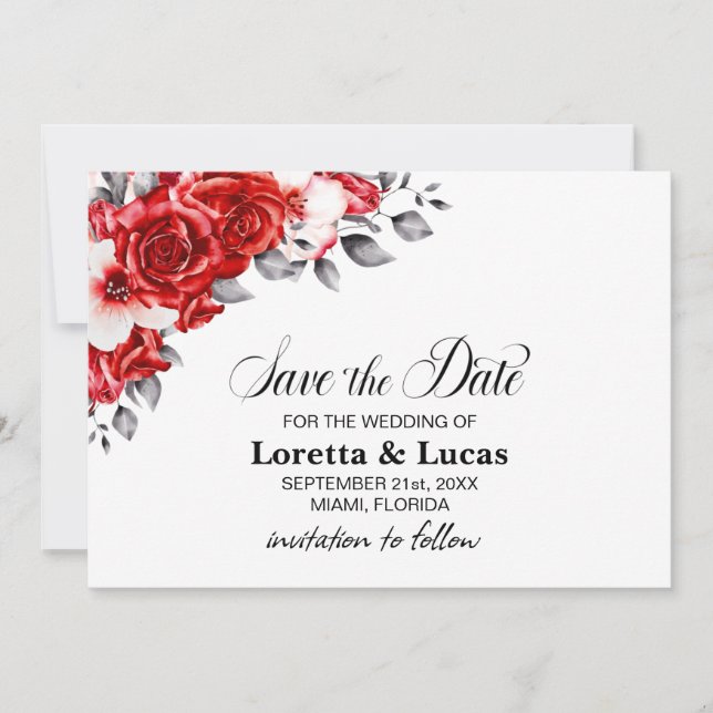 Red Rose Floral Wedding Save the Date (Front)